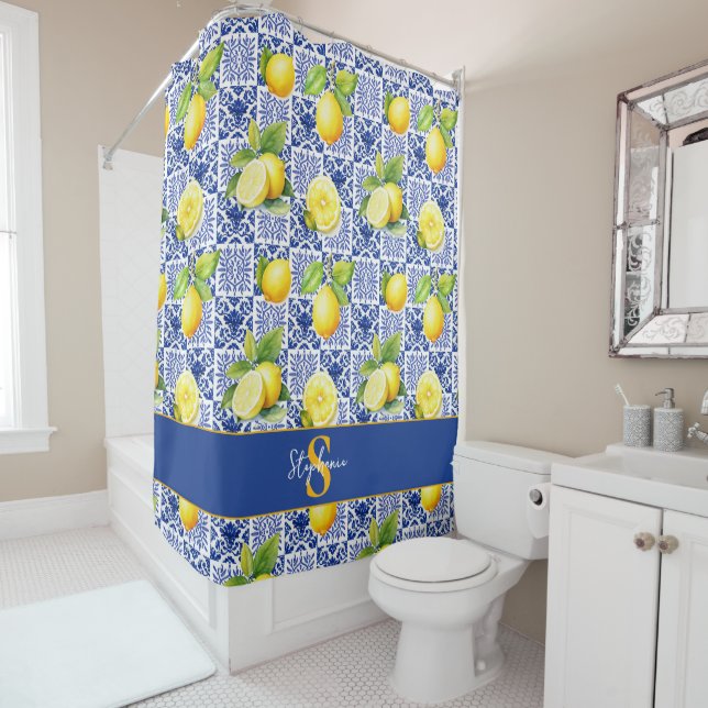 Lemon Tile Blue White Pattern Name Monogram Citrus (In Situ)