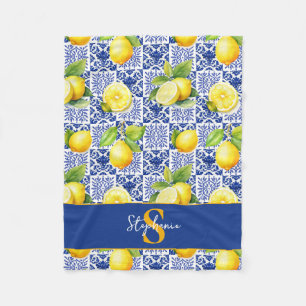Lemon Tile Blue White Pattern Name Monogram Citrus Fleece Blanket