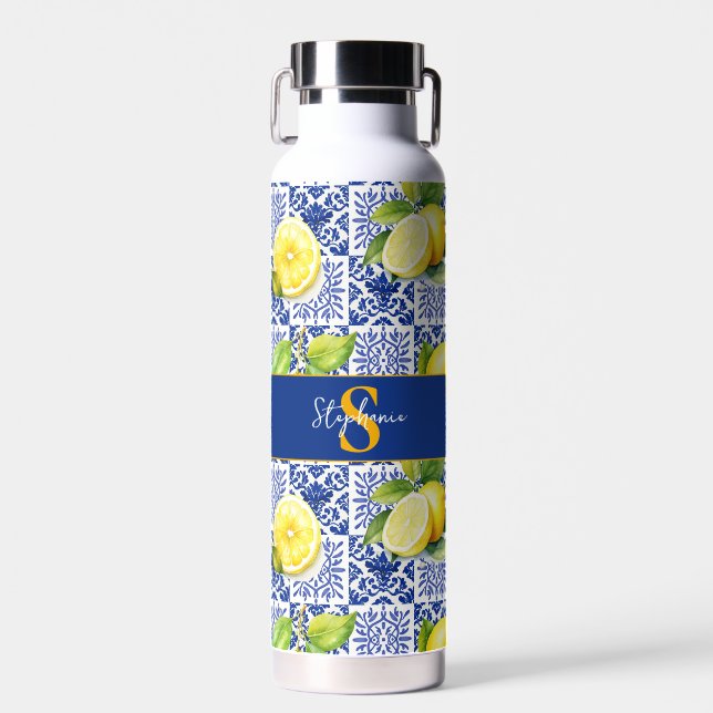 Lemon Tile Pattern Blue White Citrus Monogram Name Water Bottle (Front)
