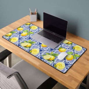 Lemon Tile Pattern Blue White Mediterranean Citrus Desk Mat