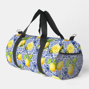 Lemon Tile Pattern Blue White Mediterranean Citrus Duffle Bag
