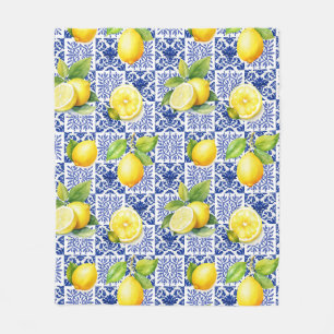 Lemon Tile Pattern Blue White Mediterranean Citrus Fleece Blanket