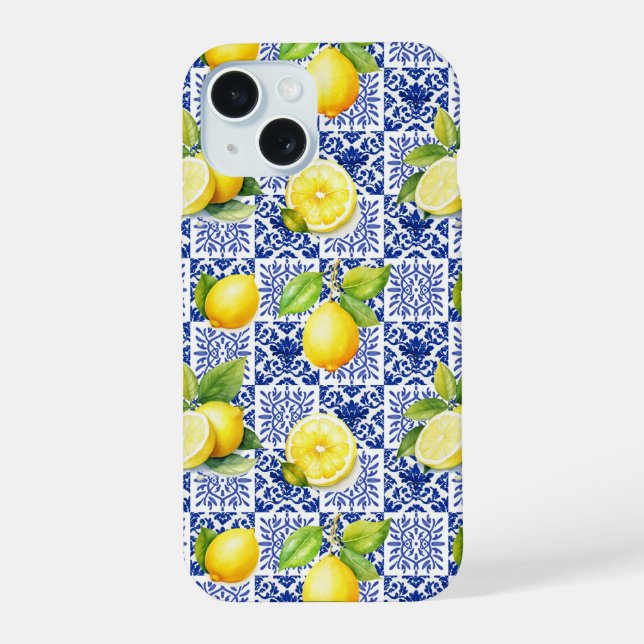 Lemon Tile Pattern Blue White Mediterranean Citrus iPhone 15 Case (Back)