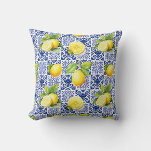 Lemon Tile Pattern Blue White Mediterranean Citrus Throw Pillow