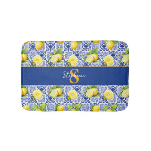 Lemon Tile Pattern Blue White Name Monogram Citrus Bath Mat