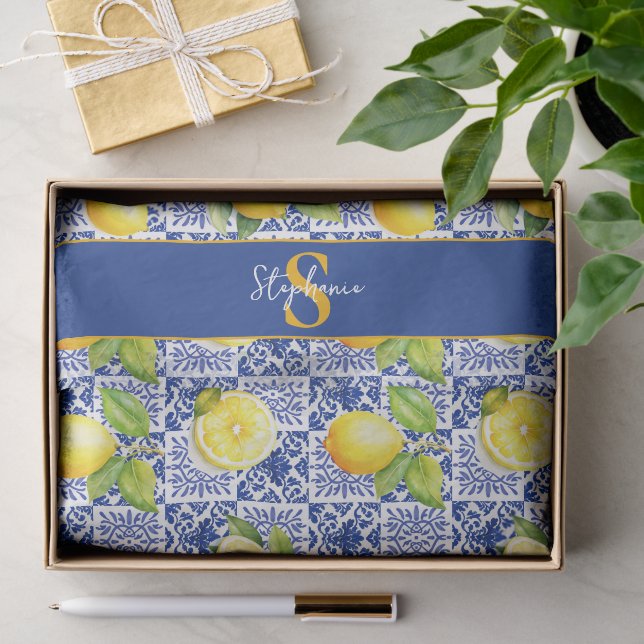 Lemon Tile Pattern Monogram Blue White Name Citrus Tissue Paper (Gift)