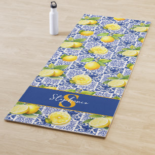 Lemon Tile Pattern Name Blue White Monogram Citrus Yoga Mat