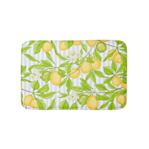 Lemon Tree Branch: Striped Seamless Pattern Bath Mat