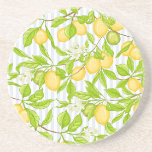 Lemon Tree Branch: Striped Seamless Pattern Coaster