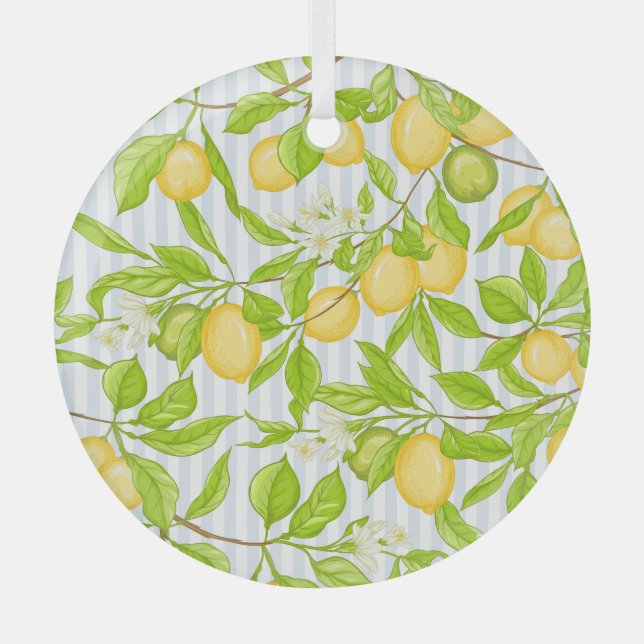 Lemon Tree Branch: Striped Seamless Pattern Glass Ornament (Front)