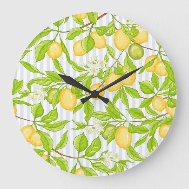 Lemon Tree Branch: Striped Seamless Pattern Large Clock (Front)