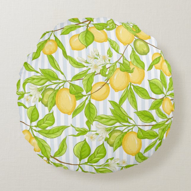 Lemon Tree Branch: Striped Seamless Pattern Round Pillow (Front)