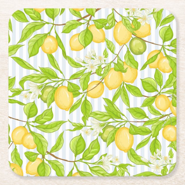 Lemon Tree Branch: Striped Seamless Pattern Square Paper Coaster (Front)