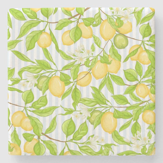 Lemon Tree Branch: Striped Seamless Pattern Stone Coaster (Front)
