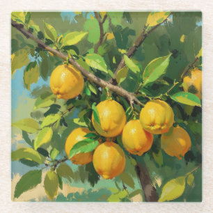 Lemon Tree Branch with Bright Yellow Fruit Glass Coaster