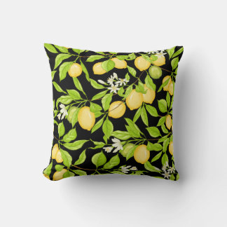 Lemon tree branch with lemons, flowers and leaves. throw pillow