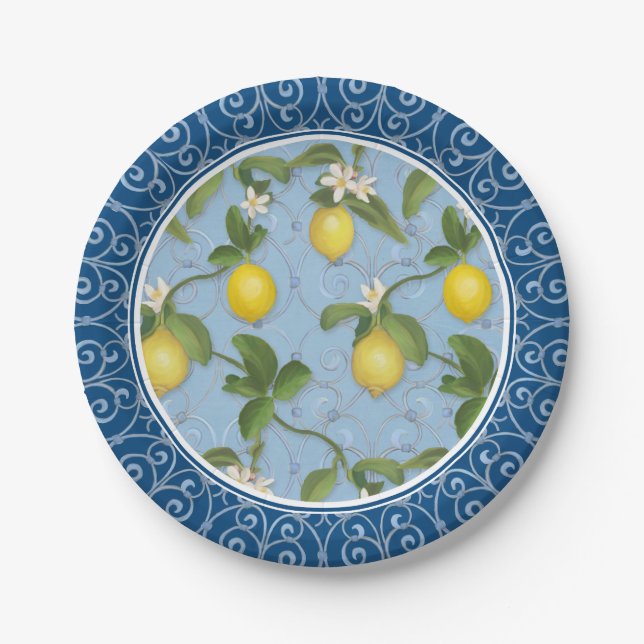 Lemon Tree Espalier w Wrought Iron Fence Art Paper Plate (Front)