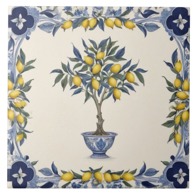 Lemon Tree in Blue and White Pot Lemons Border Tile (Front)