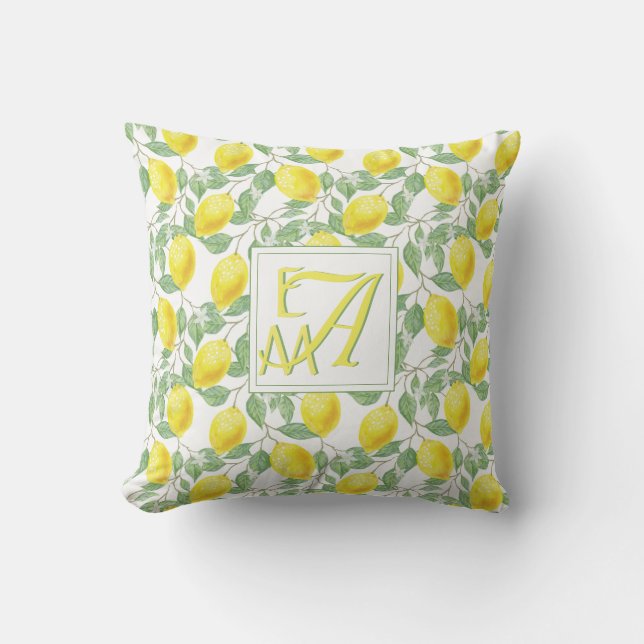 Lemon Tree Monogram Pattern Yellow Green Decor Throw Pillow (Front)