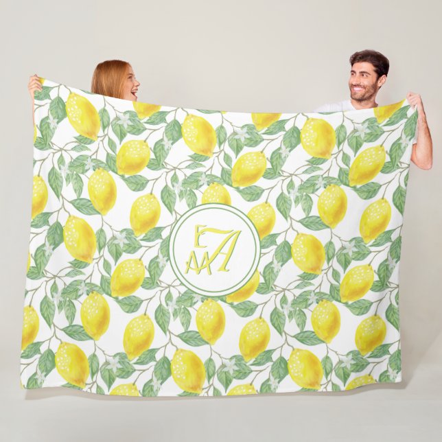 Lemon Tree Monogrammed Pattern Yellow Green Decor Fleece Blanket (In Situ)
