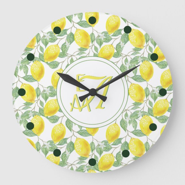 Lemon Tree Monogrammed Pattern Yellow Green Decor Large Clock (Front)
