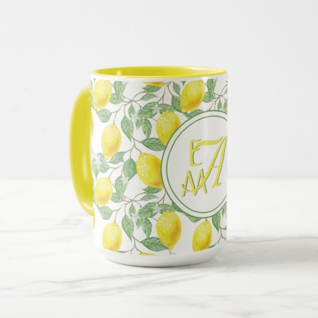 Lemon Tree Monogrammed Pattern Yellow Green Decor Mug (Front Left)