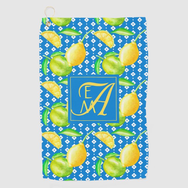 Lemon Tree Ocean Blue MONOGRAM Newlyweds Wedding Golf Towel (Front)