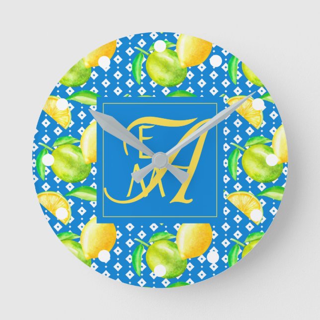 Lemon Tree Ocean Blue MONOGRAM Newlyweds Wedding Round Clock (Front)