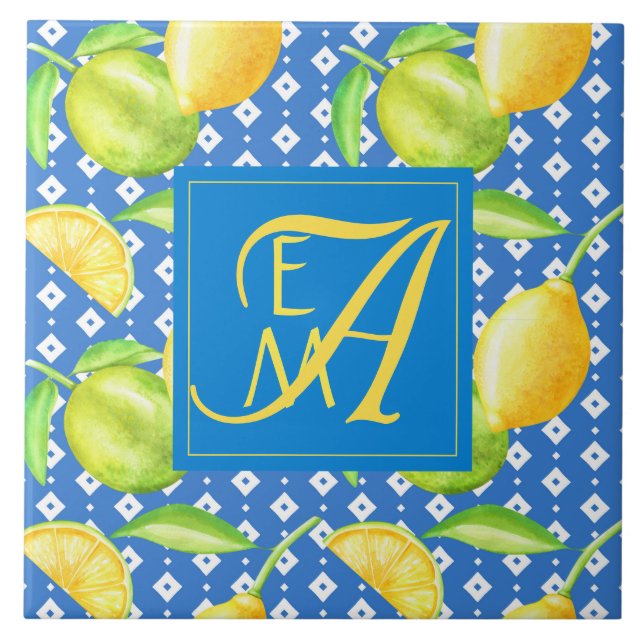 Lemon Tree Ocean Blue MONOGRAM Newlyweds Wedding Tile (Front)