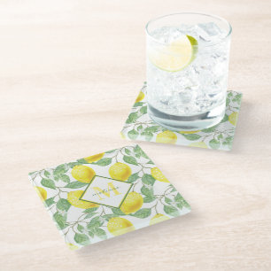 Lemon Tree Pattern Name and Watercolor Monogram Glass Coaster