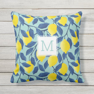 Lemon Tree Tropical Citrus Fruit Custom Monogram Outdoor Pillow