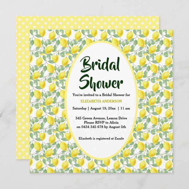 Lemon Tree Yellow Green Bridal Shower Invitation (Front/Back)