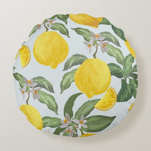 Lemon Tropical Fruit Vintage Pattern Round Pillow (Front)