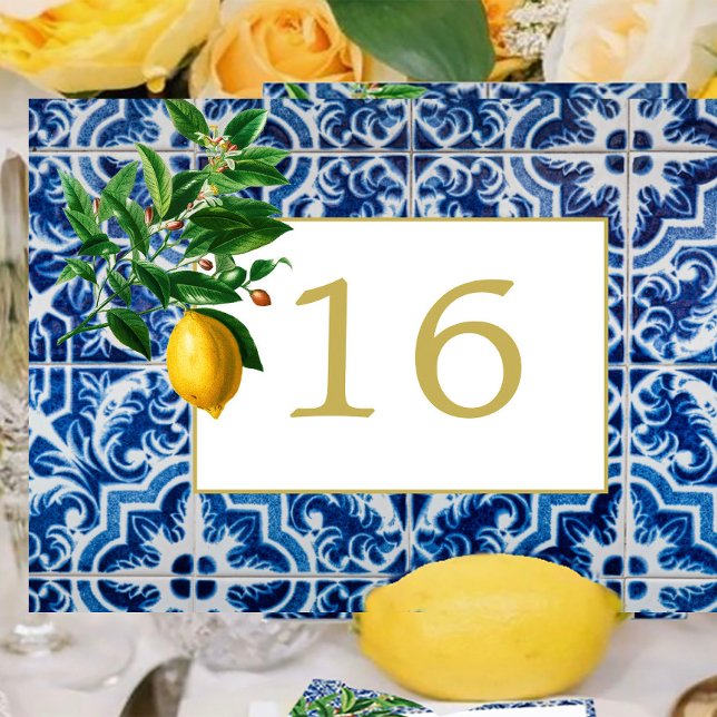 Lemon Tuscan Tile Blue White Wedding Table Number (Creator Uploaded)