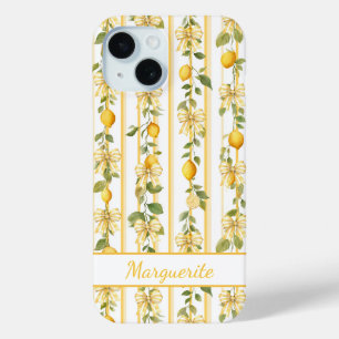 Lemon Vines With Coquette Bows Monogrammed iPhone 15 Case