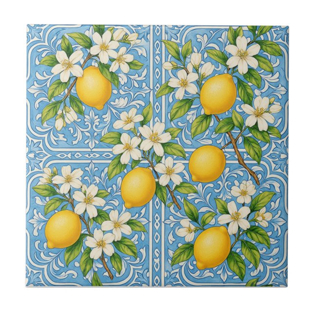 Lemon Watercolor Blue Mediterranean Pattern Tile (Front)