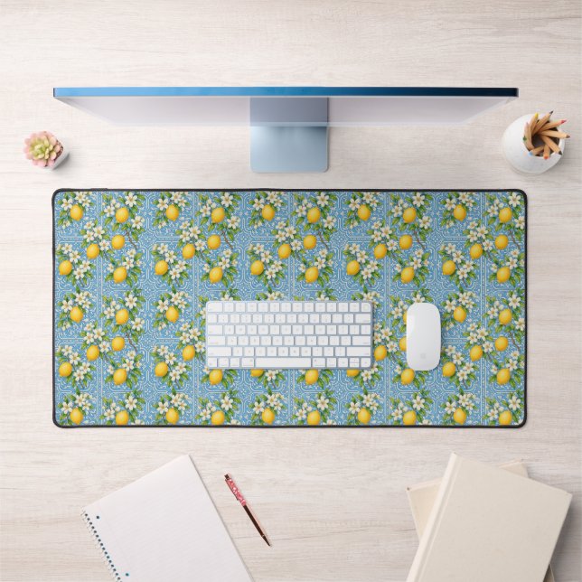 Lemon Watercolor Blue Mediterranean Tile Pattern Desk Mat (Office 1)