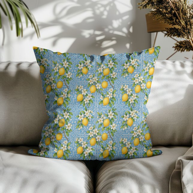 Lemon Watercolor Blue Mediterranean Tile Pattern Throw Pillow (See collection for coordinating home décor items)