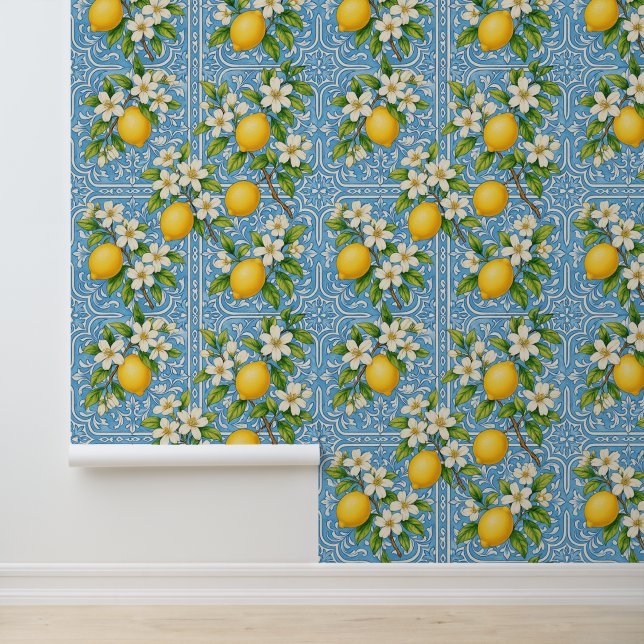 Lemon Watercolor Blue Mediterranean Tile Pattern Wallpaper (Application)