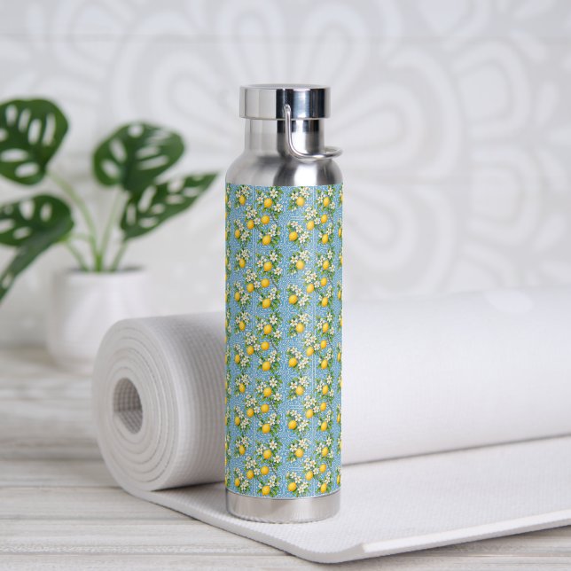 Lemon Watercolor Blue Mediterranean Tile Pattern Water Bottle (Yoga)