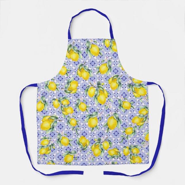 Lemon Watercolor French Country Tile Pattern Apron (Front)