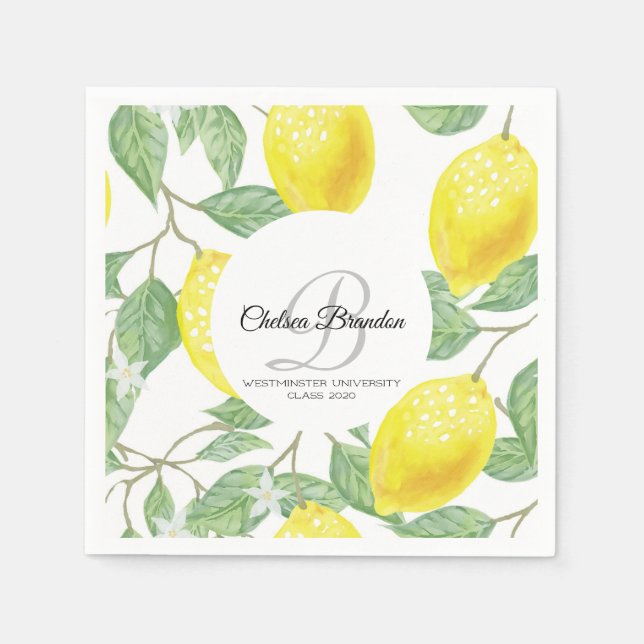 Lemon Watercolor Leaf Graduate Party Paper Napkin (Front)