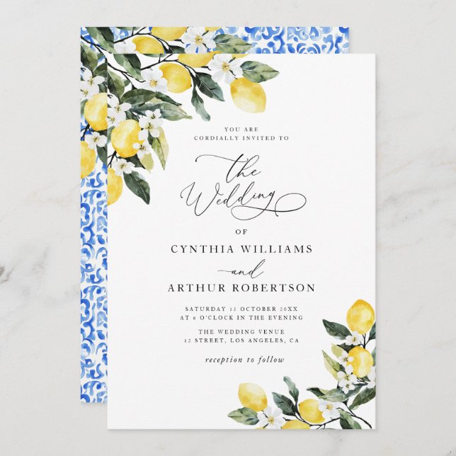 lemon watercolor mediterranean blue wedding invitation (Front/Back)