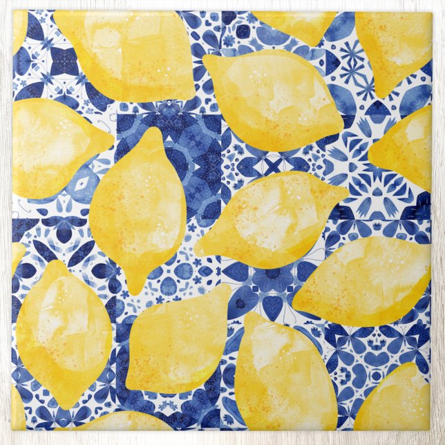 Lemon Watercolor Mediterranean Blue White Tile (Modern citrus lemon watercolor pattern decorative ceramic tile)