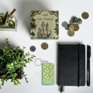 Lemon watercolor pattern custom name yellow green keychain