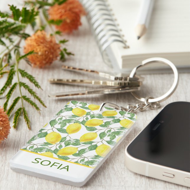 Lemon watercolor pattern custom name yellow keychain (Front Right)