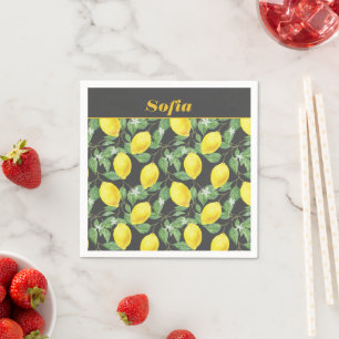 Lemon watercolor pattern custom yellow grey napkin