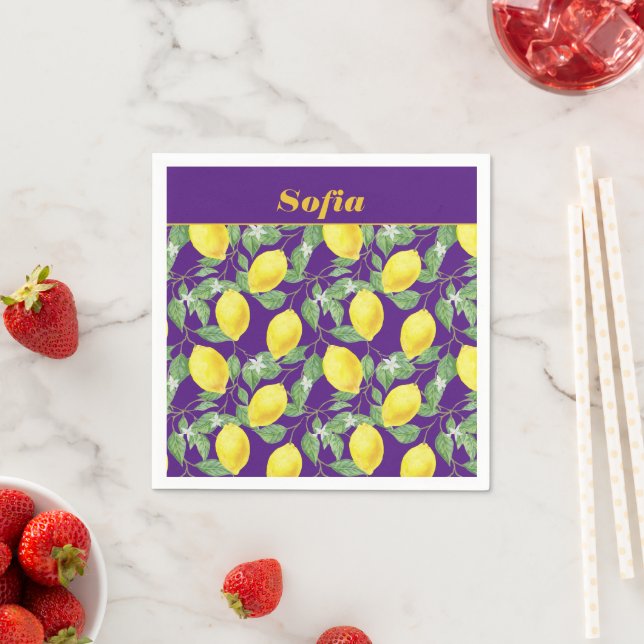 Lemon watercolor pattern custom yellow purple napkin (Insitu)