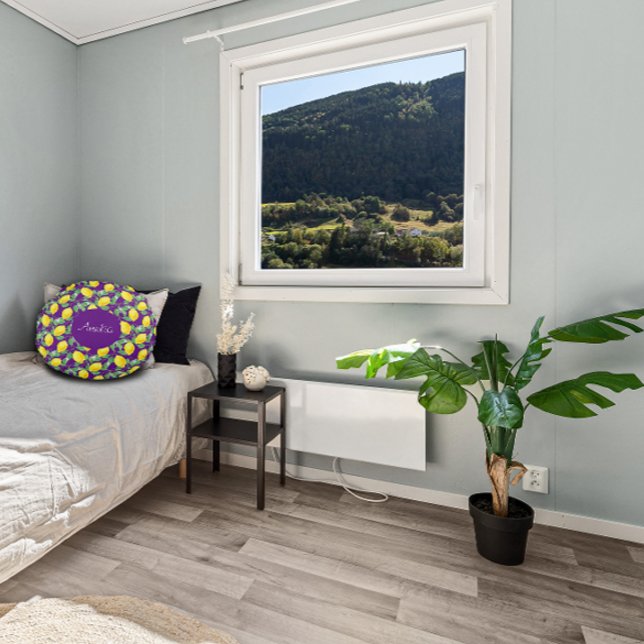 Lemon watercolor pattern simple purple  round pillow (Creator Uploaded)