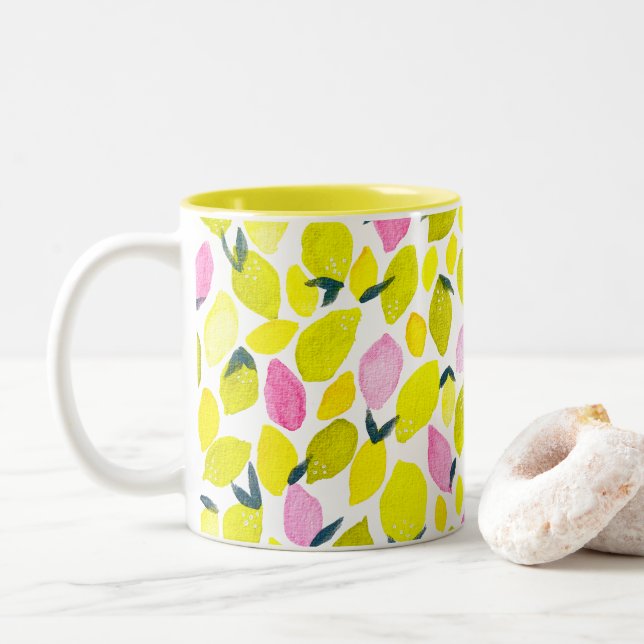 Lemon watercolor pattern Two-Tone coffee mug (With Donut)